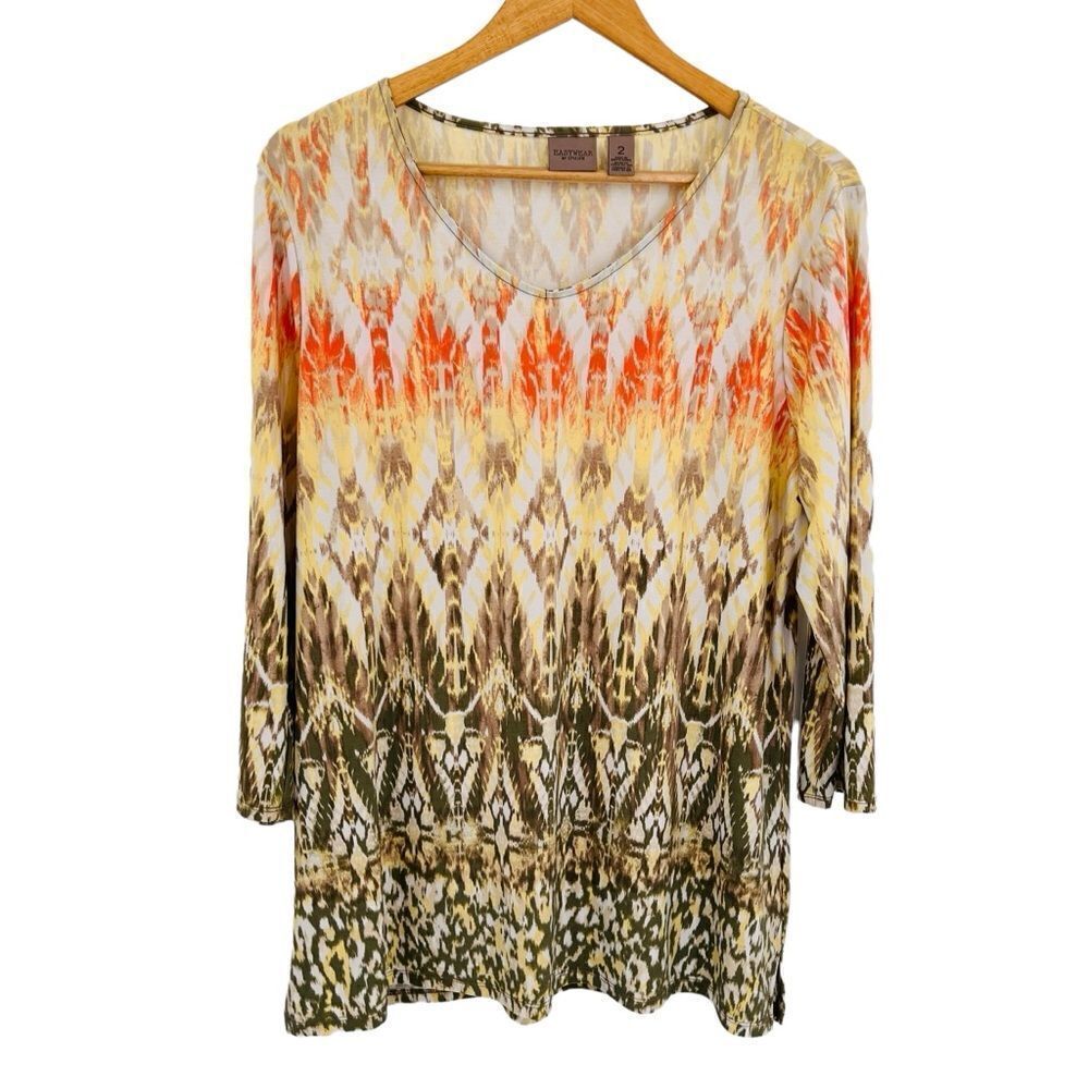 Chicos cream orange tan ikat tunic top size large